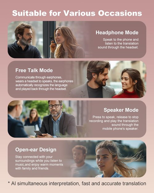 Ai Translation Earbuds Real Time, 163 Languages & Accents Translator Earbuds, 3-in-1 Open Ear Translation Headphones for Travel Learning, Spanish/English Audífonos Traductores, iOS/Android Compatible