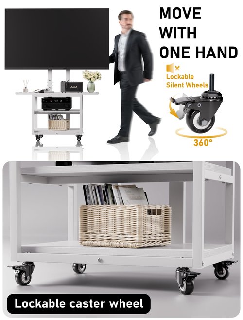 EZISE Portable Rolling TV Cart for 32-75 Inch LCD/LED/OLED TVs, TV Floor Stand on Silent Wheels with Storage Shelf, Height Adjustable Tall TV Stand for Bedroom, Living Room, Office