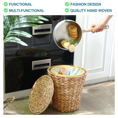 Menkxi 3 Gallon Wicker Waste Basket with Lid in Bedroom Bathroom Wicker Trash Can Office, Boho Handwoven Waste Basket with Plastic Insert and 60 Pcs Drawstring Trash Bag