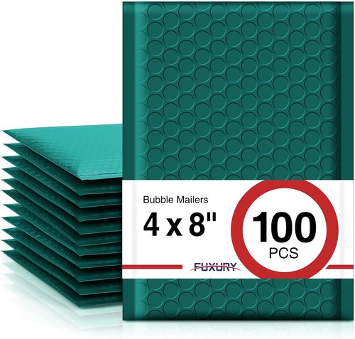 Fuxury Bubble Mailers - 100 Pack Waterproof 4x8" Forest Green Padded Envelopes for Small Business Shipping