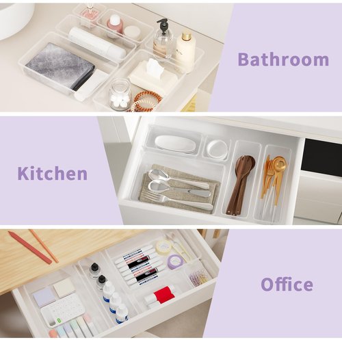 klyoca 22 PCS Clear Drawer Organizer Set, 4-Size Vanity and Desk Drawer Organizer Trays with Non-Slip Silicone Pads, Plastic Storage Bins for Makeup, Jewelry, Bathroom, Office, Fridge, Kitchen