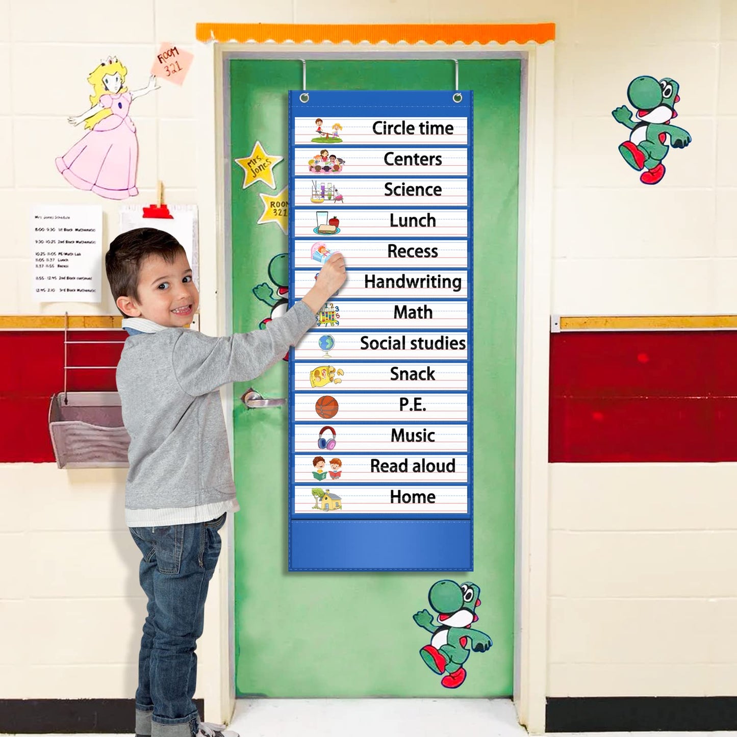 AKAYOK -13+1 Pocket Daily Schedule Pocket Chart, Ultra-Durable Visual Schedule for Kids -Pocket Chart for Classroom Office Home -Reusable Daily Schedule for Kids -Reversible Chart for Sentence Strips