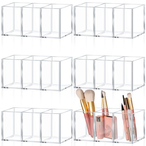 Seajan 6 Pack Acrylic Pen Holder 3 Compartments Clear Pencil Organizer Holder Makeup Brush Organizer for School Classroom Office Home Desktop Supplies Desk Accessories