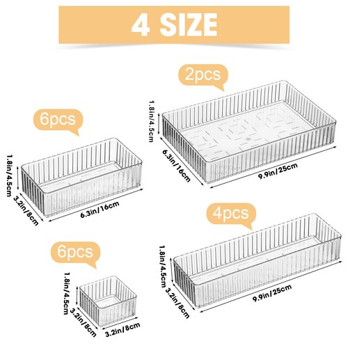 Teenyyou 18 Pcs Clear Drawer Organizer Stackable 4 Size Clear Makeup Drawer Organizer Trays Acrylic Bathroom Vanity Storage Bins for Cosmetic, Jewelries, Office Supply, Kitchen Utensils(Stripes)
