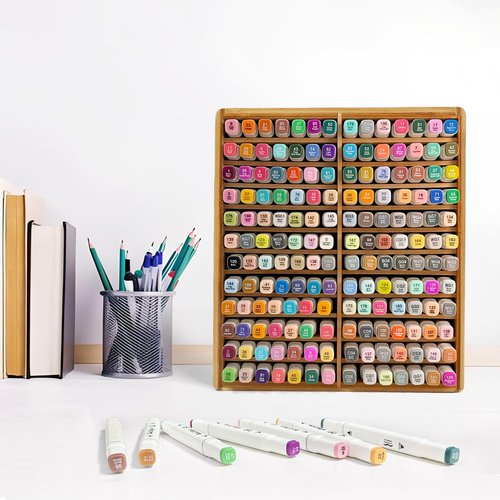 HILELIFE Marker Organizer - Holds168 Markers, Bamboo Marker Holder Organizer Desktop Marker Storage Organizer for Markers, Art Supplies, Pens, Pencils