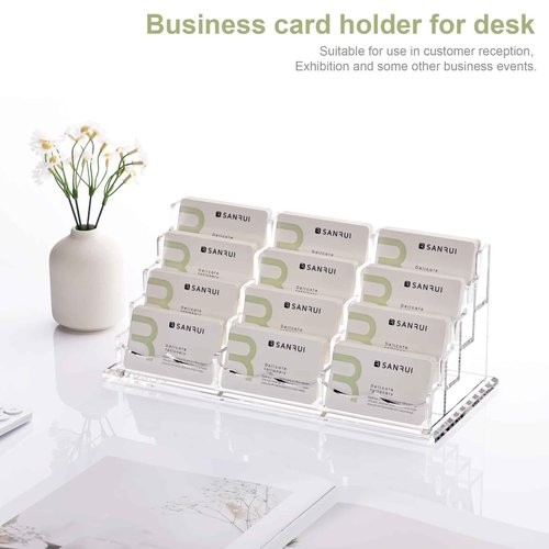 SANRUI Business Card Holder for Desk Clear Acrylic Business Card Holders, Business Card Display Stand 4 Tier 12 Slots