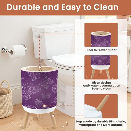 JBNJANKDAV Small Trash Can with Lid Purple Seamless Abstract Ornament White Drawing Butterflies 1.8 Gallon Dog Proof Trash Can Round Garbage Can Waste Bin Wastebasket for Bathroom Bedroom Living Room