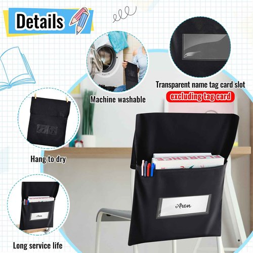 Chapou Chair Pockets for Classroom Chairback Pocket Chart 14 x 18 Inch Desk Organizer Pocket Chair Bag for Seat School Classroom(Classic,Black,48 Pcs)