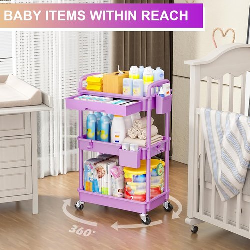 Goovilla 3-Tier Rolling Utility Cart - Sturdy Purple Organizer with Removable Drawer & Lockable Wheels