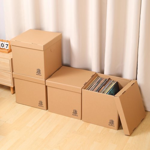Jelmaica Vinyl Record Storage Box - Moving Box with Handles and Lids - Sturdy Cardboard Crate for Vinyl storage - Holds Up to 60 Records or LPs - Set of 4 Boxes (Kraft)