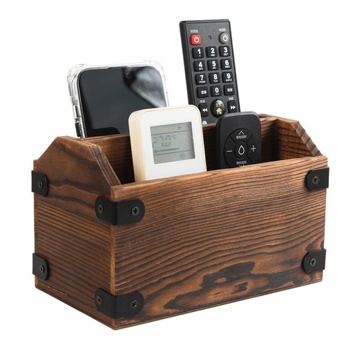 ExoLiry Brown Torched Wood Remote Control Organizer Burnt Wooden Tabletop Storage Caddy Two Compartment Holder TV Game Consoles Cell Phone Kitchen Utensils Office Supplies Living Room Home Bedroom