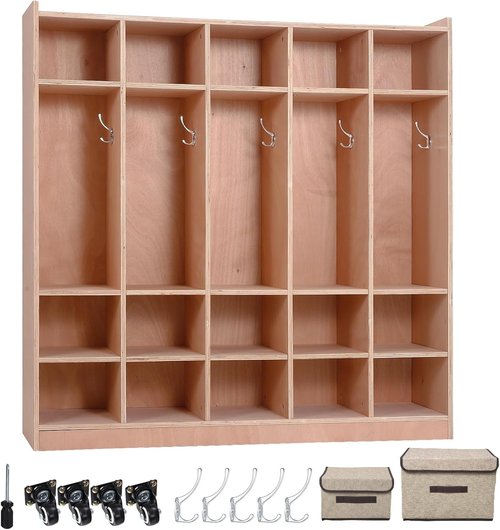 Garvee 5-Section Classroom Coat Locker - 15 Cubbies with Anti-Tip Anchors & 4 Casters | Ideal for Home & School