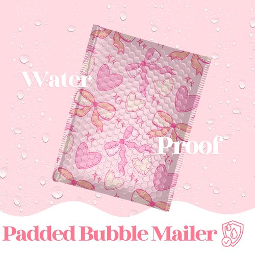 6x9 Designer Bubble Poly Mailer 50 Pack Heavy Duty Waterproof Self Seal Shipping Bags for Small Business Large Mailing Envelopes Bulk Tear Resistant Padded Pink Coquette Bubble Mailer