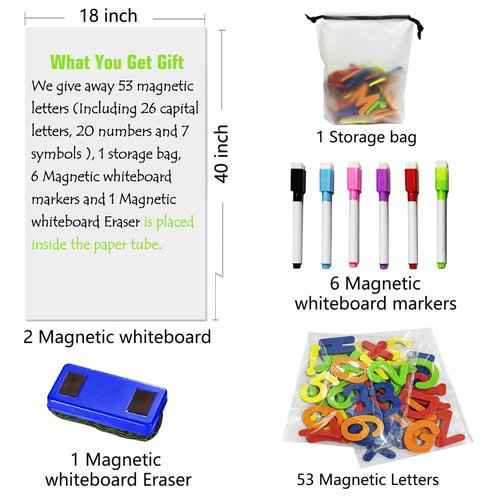 2 Pcs Magnetic Dry Erase White Board Contact Paper for Wall 40"x 18" Adhesive Whiteboard Sticker Roll with 53 Magnet Letters for Kids Peel and Stick Whiteboard Wallpaper Magnetic Pain