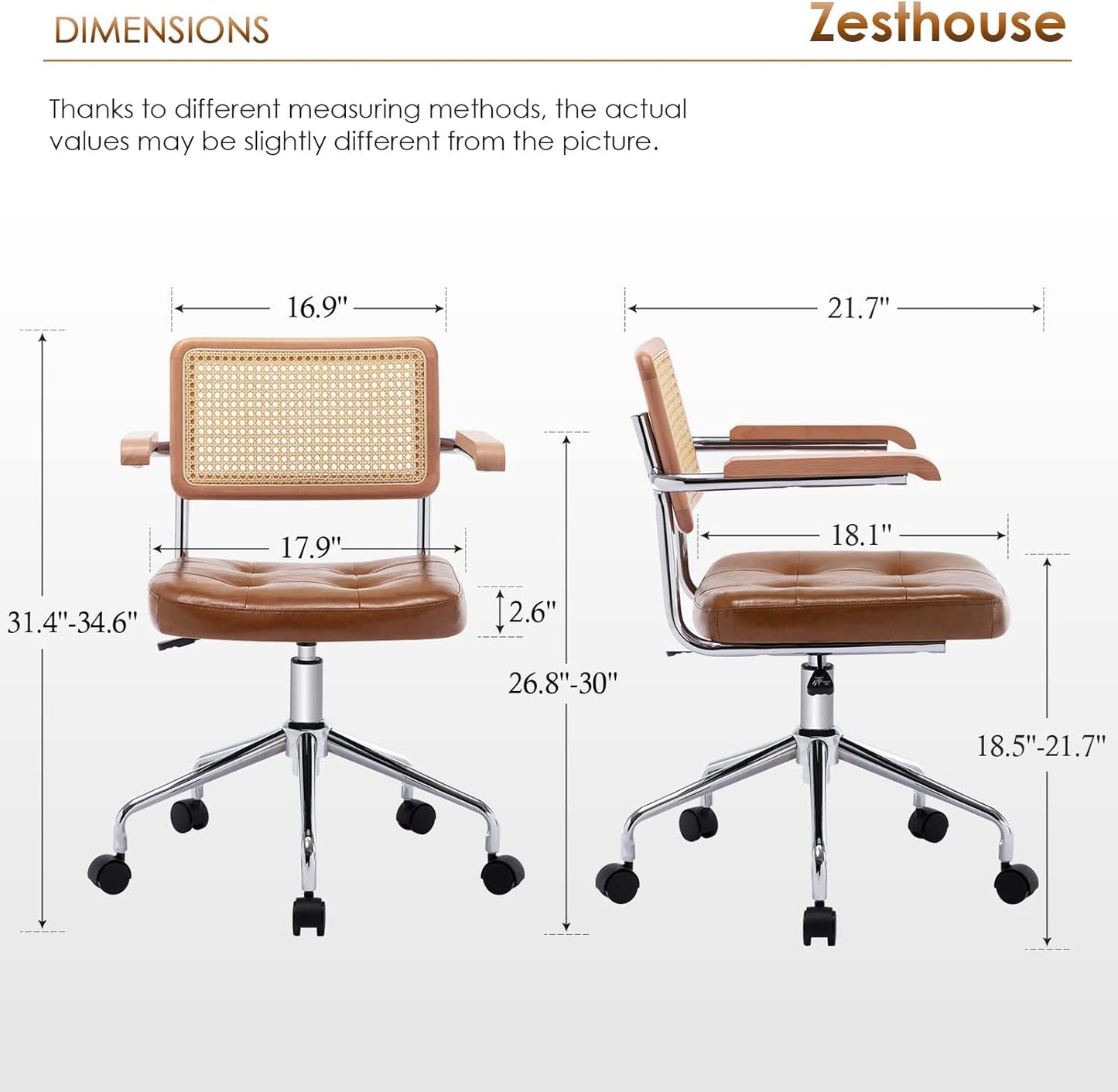 Zesthouse Leather Office Desk Chair - Mid Century Rolling Design with Wood Arms & Rattan Back | Brown