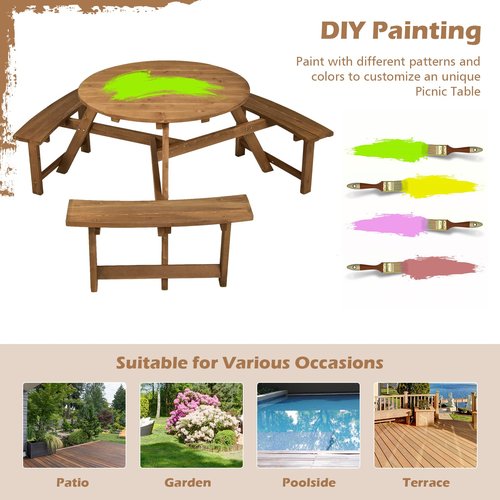 Tangkula 6 Person Wooden Picnic Table, Outdoor Round Picnic Table with 3 Built-in Benches, 1.5 Inch Umbrella Hole, Outside Wood Table and Bench Set for Garden, Backyard, Porch (Dark Brown)