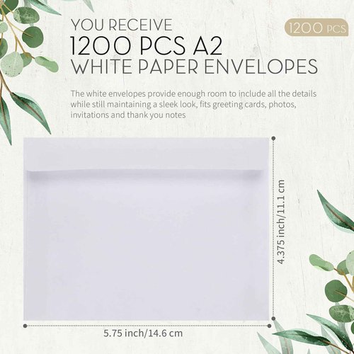 Sayglossy 1200 Packs A2 Envelopes Bulk for Card Making Individually Sealing Postcard Blank Invitation A2 White Envelopes for 4 x 5 Inch Cards, Photos, Greeting Cards, Invitations