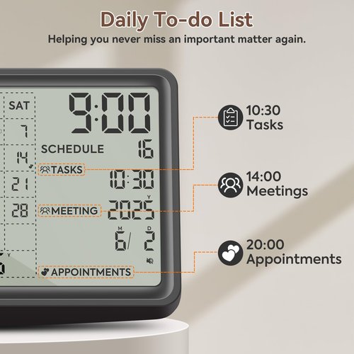 8 Inch Digital Calendar with Schedule Reminder, Multifunctional Smart Calendar Alarm Day Clock Wall & Desk Mountable, 90-Day Battery Life, Digital Planner organizer for Business Office Home School, Black