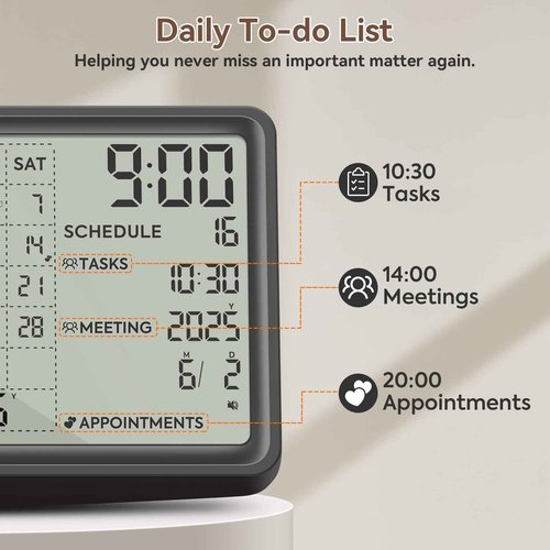 Digital Calendar, Digital Desk Planner with Schedule Reminder Clock with Day and Date, Chargeable 8 Inch Large Display Electronic Calendar Office Home School Family for Wall Mount & Desktop 2025-2055 (Black, 8 inch)
