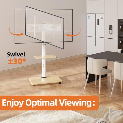 Rolling TV Stand with Wheels, Mobile TV Cart for 32-75 Inch Flat Screen TVs, Floor TV Stand with Swivel and Height Adjustment, Portable AV Cart with Wood Shelf for Bedroom,Home Office