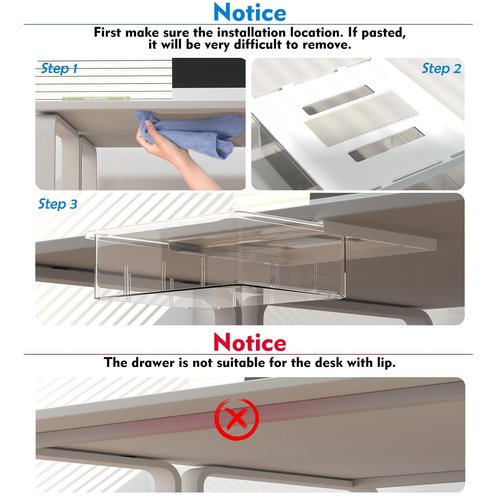 3 Pack Under Desk Drawer Organizer, Slide Out Desk Drawer, Clear Plastic Drawer Under for Office, School, Home, Hidden Desktop Organizer Pen Holder for Self-Adhesive (Clear, 3 Size)