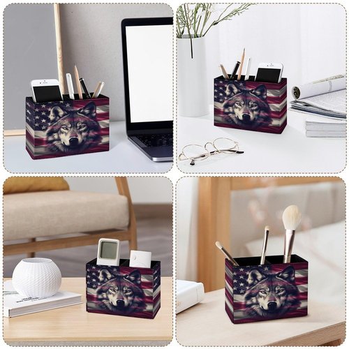 Buyidec Pen Holder Pencil Holder for Desk Wolf American Flag PU Leather Pens Pencils Holder Cup Desktop Desk Pencil Pen Organizer Makeup Brush Holder for Office School Home