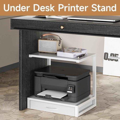 YAOHUOO 2-Tier Desktop Printer Stand with Fabric Drawer, Prtiner Table with Storage Shelf, Desk Organizer for Home Office,3D Printer,Fax Machine,Scanner, 17.3"x11.8" White