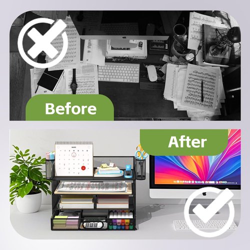 ZXZOFCA Desk Organizer and Accessories，4-tier Paper Letter Tray Organizer, Desk File Organizer with Drawers and 2 Pen Holders for School and Home Office Supplies (black)