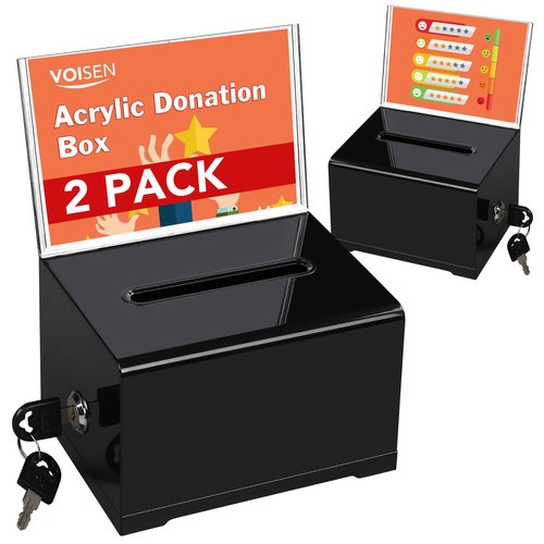 VOISEN Acrylic Donation Box with Lock, Black Ballot Box with Sign Holder, 2 Pack Suggestion Boxes for Fundraising, Donation, Bar, School Voting, 6.2x4.6x3.9 Inch