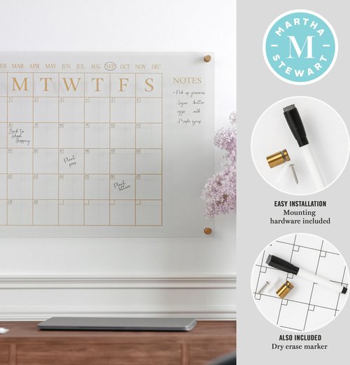 Martha Stewart Grayson Acrylic Wall Calendar with Notes with Dry Erase Marker and Mounting Hardware, 24" x 18", w/Black Print