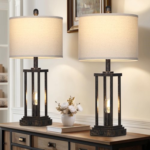 27" Tall Farmhouse Table Lamps with Night Light, Bronze Industrial End Table Lamp for Living Room, Rustic Bedside Lamps Set Of 2 with USB C+A Ports & AC Outlet, Vintage Bedroom Lamp for Nightstand