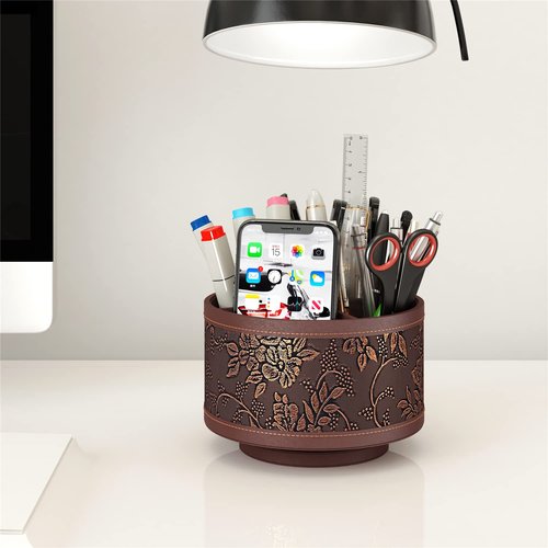 Thipoten Remote Control Holder, Faux Leather 360° Art Supply Organizer, Multi-Functional Caddy for Remote Controllers, Office Supplies, Perfect Space Saver for End Table/Nightstand/Office Desk(Retro)