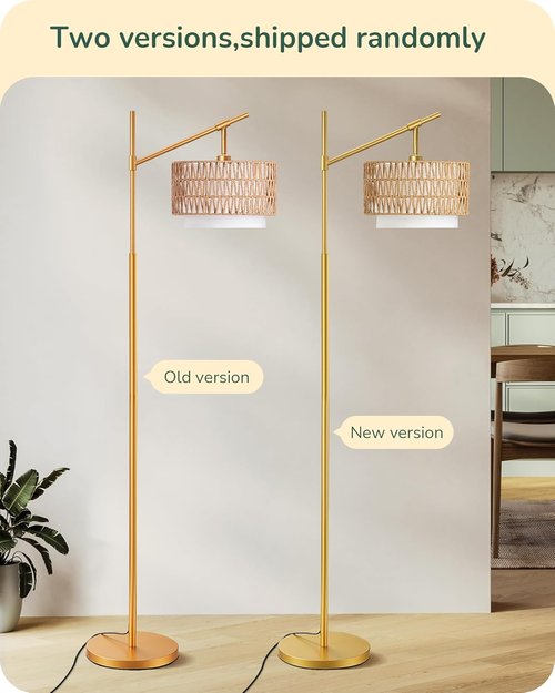 EDISHINE Rattan Arc Floor Lamp - Dimmable LED with Remote & Adjustable Wicker Shades | Gold Farmhouse Design