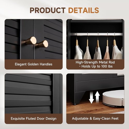 Letaya Armoire - 20" Deep Metal Wardrobe Closet with Doors, Shelves & Hanging Rod - Black