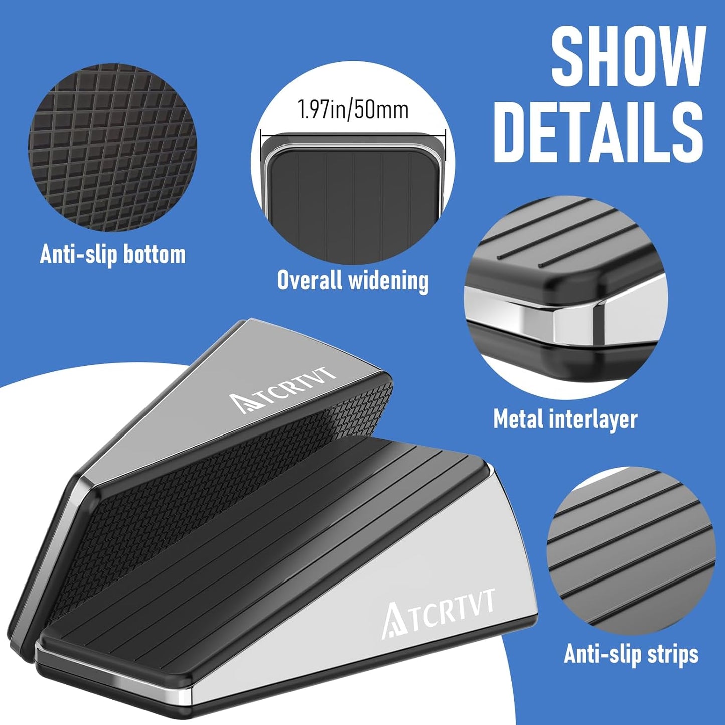 Skiennix Heavy Duty Door Stopper Wedge - Premium Brushed Stainless Steel, Set of 2 with Adhesive Holder