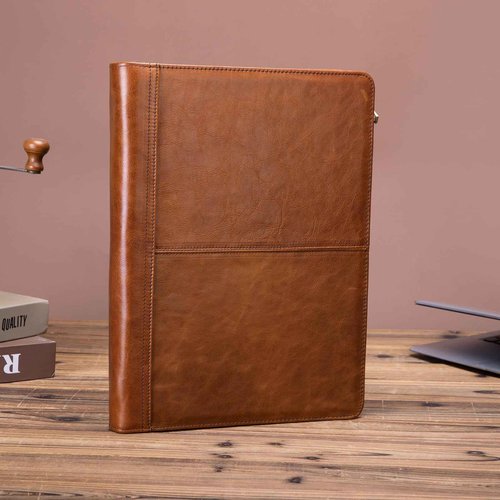 Geslun Genuine Leather Portfolio with 3 Ring Binder, Full Grain Leather Padfolio Zippered, A4 Notebook Holder Laptop Sleeve Professional Folder Organizer Gift for Men and Women, Brown, Oil Tanned
