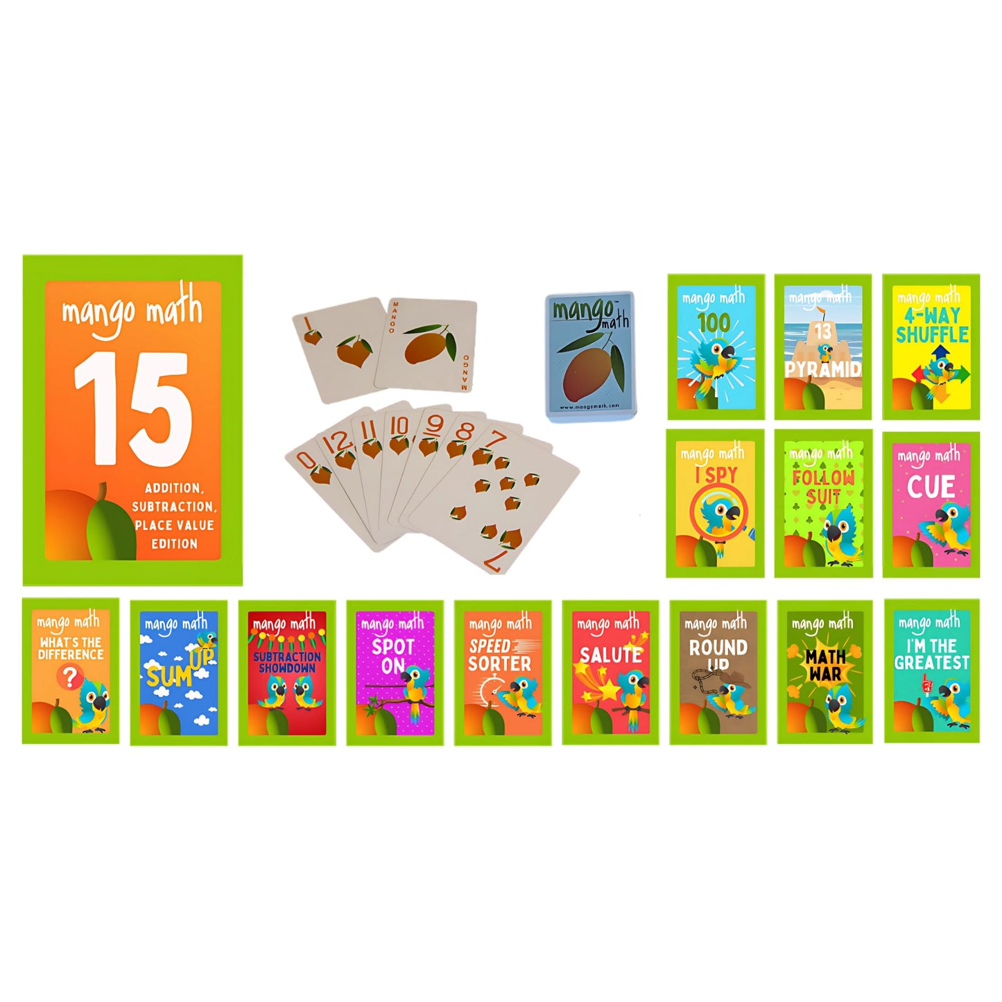 MANGO Math 15® - Math Flash Cards - Educational Math Games for Kids - Addition, Subtraction, Place Value Play & Learning Kit -2nd 3rd 4th Grades - Kids 6-12 - Set of 15 Games - English Version