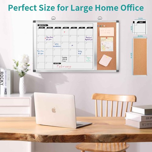 Magnetic Dry Erase Calendar Whiteboard Corkboard Combo, 36 x 24 Inch Monthly Calendar Whiteboard Bulletin Corkboard for Wall, Aluminum Frame with Dry Erase Markers, Magnets, Push Pins (36 x 24 Inch)