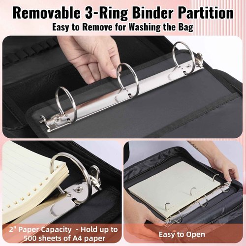 Quoyiyo Zipper Binder 3 Ring with Shoulder Strap, 2 Inch O-Rings, 500-Sheet Capacity, Binder Bag with Expanding File Folder & Multi-Pockets, Trapper keeper fits for 13 Inch Laptop (Black)
