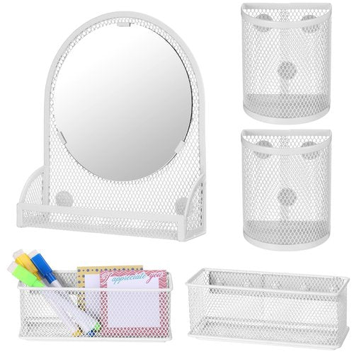 Weysat Set of 5 Magnetic Locker Accessories Mirror with 2 Magnetic Pen Holder and 2 Wire Mesh Storage Basket for Students Back to School Locker Organizer for School Office(White)