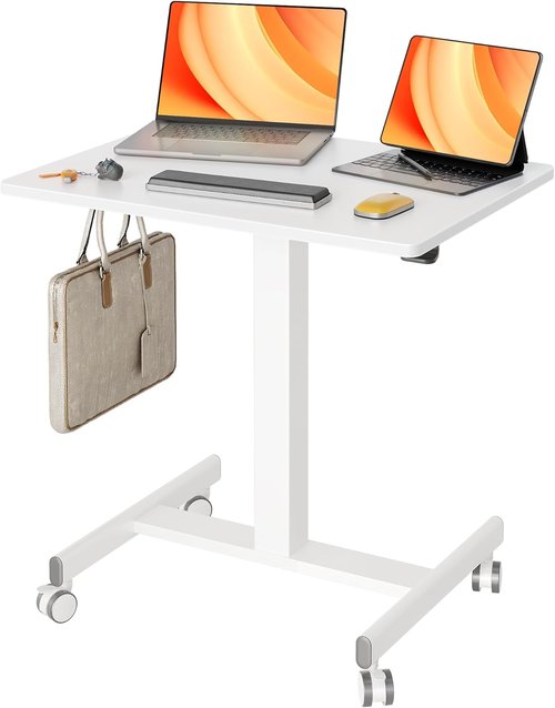 Claiks Mobile Standing Desk - Compact Rolling Workstation with Wheels & Hook | White Finish
