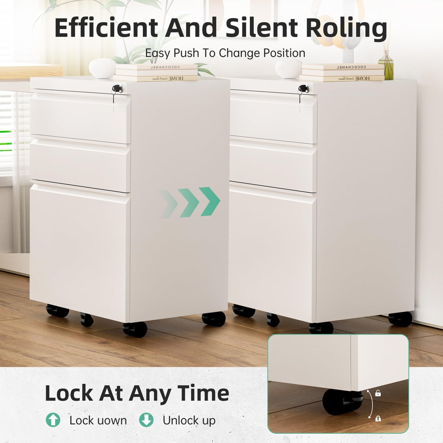 Bonusall 【Fully Assembled 3 Drawer White File Cabinet, Fully Assembled Metal Rolling Filing Cabinet with Lock, Under Desk Drawer Filing Cabinets for Home Office Fit A4/Letter/Legal