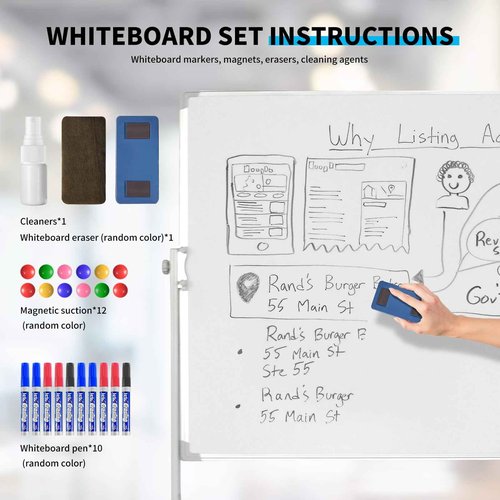 Mobile Double-Sided Whiteboard 48" x 36" with Stand, Portable Rolling Dry Erase Board, Includes 1 Eraser, 2 Markers, 4 Magnetic Pins, Aluminum Frame for Office, Home, School, Classroom