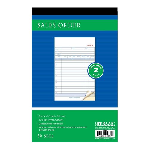 BAZIC Products Sales Order Book, 50 Sets 5 9/16" x 8 7/16" 2-Part Carbonless, White & Bound Wraparound Cover (50 Sets/Pack), 24-Packs