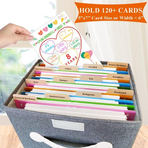 DOFFICE Greeting Card Organizer & Storage Box with 16 Pcs Adjustable Dividers, Storing 120+ Cards with 84 Pcs Labels (Grey - 1 Pack)