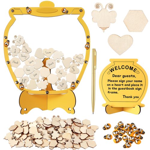 Chunful 83 Pcs Bee Baby Shower Guest Book Alternatives Set Baby Shower Decorations with 1 Wooden Welcome Sign, 60 Wood Slices, 20 Bee Decor and 1 Ballpoint Pen for Birthday Party
