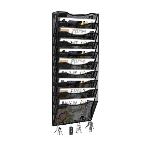 Flexzion Wall Hanging File Organizer Metal File Holder 10-Pocket Black Mesh Office Wall Organizer Magazine Rack Wall Mounted Hanging Paper Organizer with Key Hooks and Label Plates