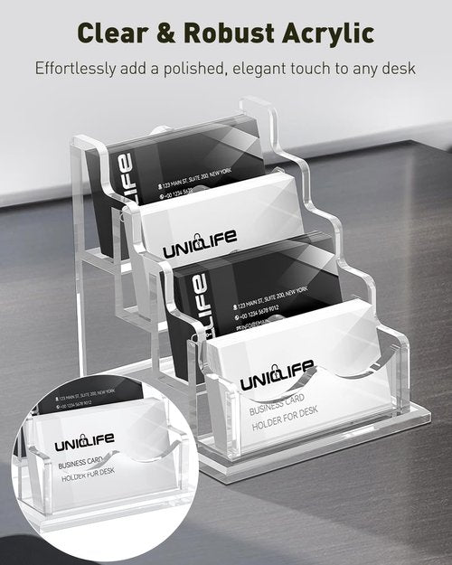 Uniclife Acrylic Business Card Holder for Desk 4 Slots Clear Horizontal Business Card Display Stand for Men & Women Desktop Name Card Organizer Card Stand for Office Home Exhibition, 240 Card Capacity