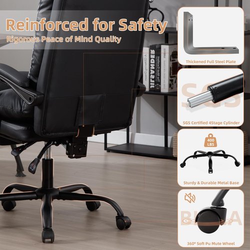 HARANUO Office Chair with Footrest, Ergonomic Office Gaming Chair with Wide Seat, High Back Executive Office Chair Big and Tall 500lbs Capacity (Black, Large)