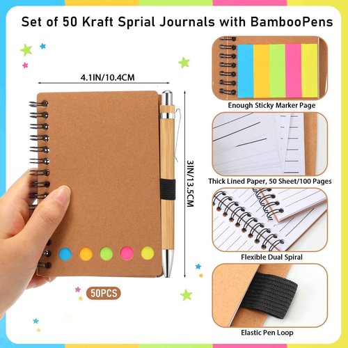 Chuangdi 50 Sets Employee Appreciation Gifts Bulk, Operation Christmas Gifts, Inspirational Kraft Spiral Notebook with Sticky Notes and Bamboo Pen, Motivational Team Supplies for, Students, Teachers